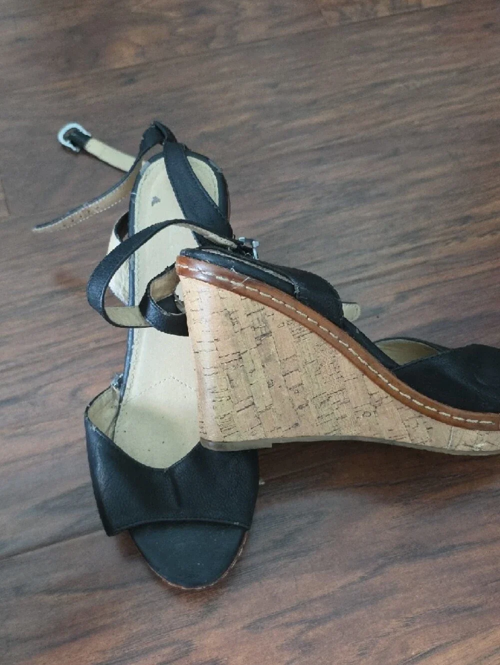 Black Wedge Sandals with Cork Heel - Women
